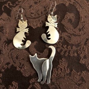 Sterling Silver Cat Earrings, Brooch